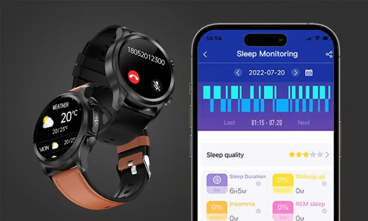 Aptofit Smart Watch features shown alongside the companion phone app