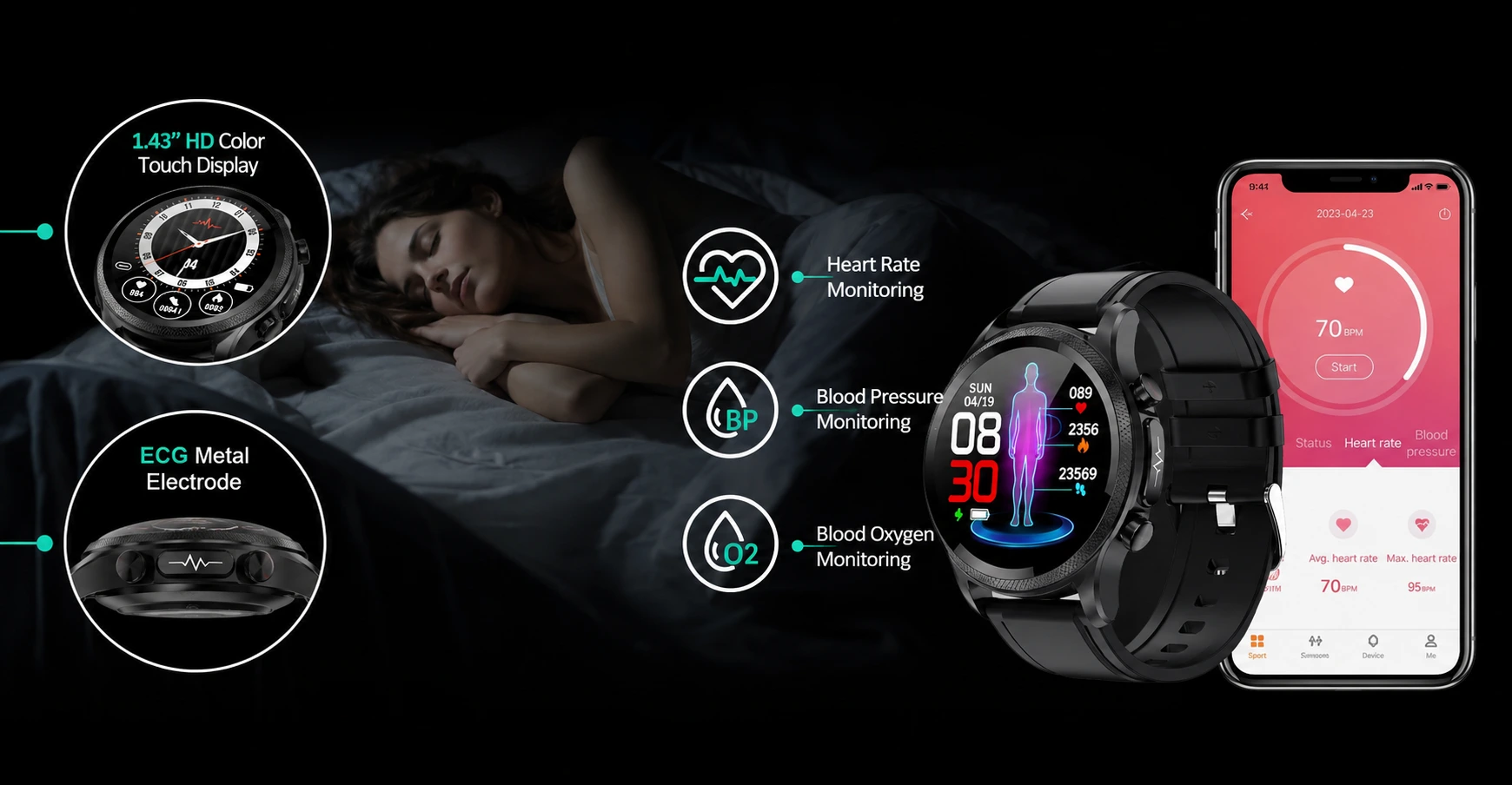 Aptofit Smart Watch and its companion app showing nightly sleep and heart rate trends